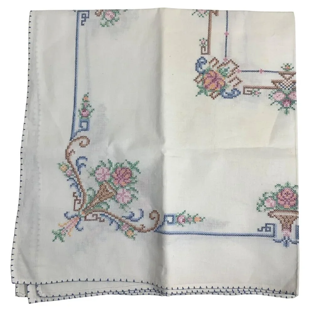 Vintage White Linen Tablecloth Embroidered Cross Stitched Floral Baskets